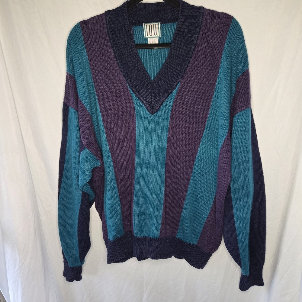 IOU Vintage Striped V‎ Neck Sweater Men's XL Long Sleeve 90's Preppy Tennis